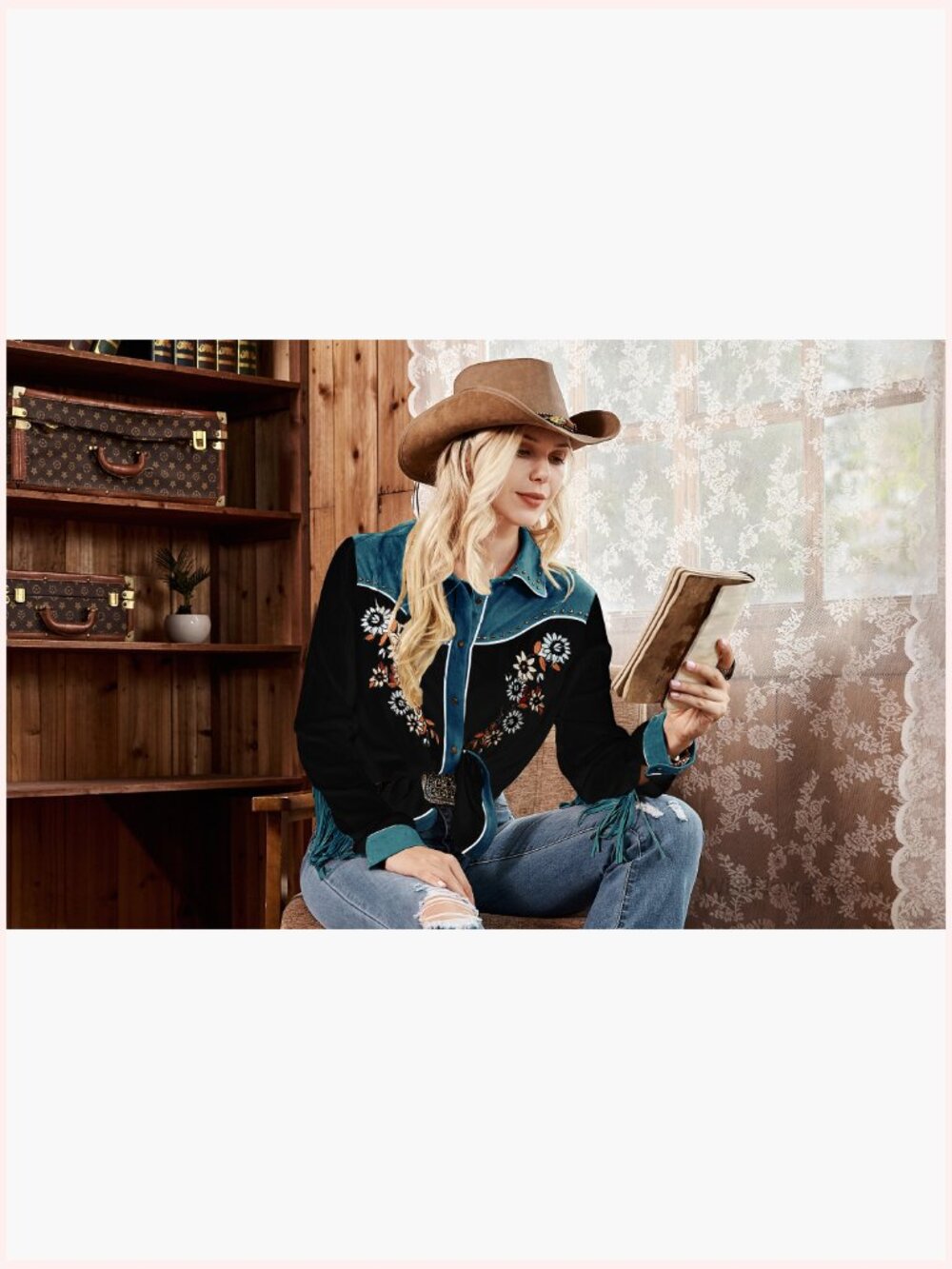 Embroidered Western Button Down Shirt Cowgirl Fringe Long Sleeve Blouses - Picture 7 of 7